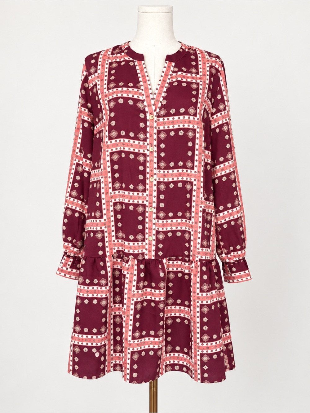 LOFT Burgundy Scarf Print Drop Waist Shirt Dress Size Small Boho Long Sleeve